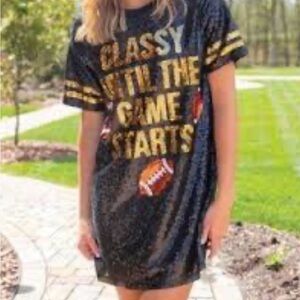 Simply Southern Black and Gold Sequin Football Dress L Classy Game Starts
